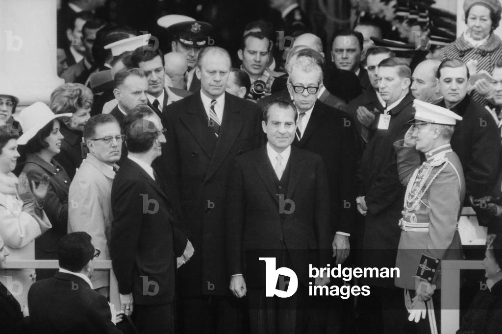 Top Congressional Republicans Rep. Gerald Ford and Sen. Everett Dirksen escort President-Elect Nixon to the Inaugural Platform. Jan 20 1969