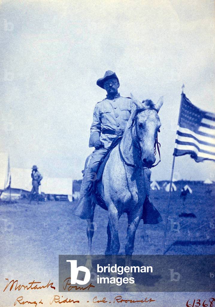 Colonel Theodore Roosevelt on horseback. Roosevelt organized the 1st Volunteer Cavalry, known as the Rough Riders and became a national hero after the Spanish American war