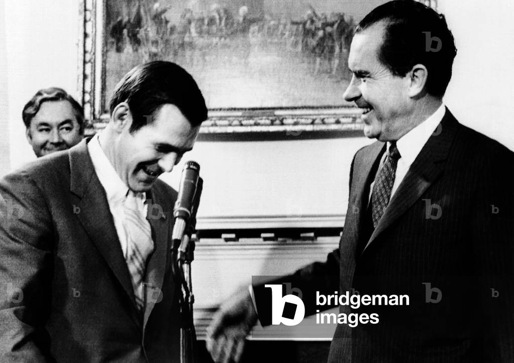 President Richard Nixon with Rep. Donald Rumsfeld, after naming him to be director of the Office of Economic Opportunity (OEO). April 21, 1969