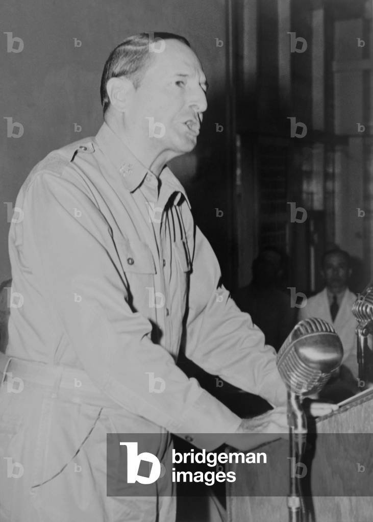 MacArthur addresses Philippine Congress on July 9, 1945. He spoke to the legislature about preparations for the Philippines independence to come in 1946
