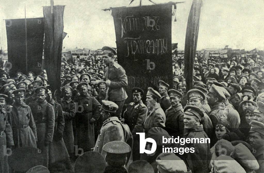 Army officer addressing his men during the Russian Revolution. St. Petersburg. 1917. This officer was loyal to the Provisional Government led by Kerensky, which advocated continued fighting in World War 1 against Germany and the Central Powers