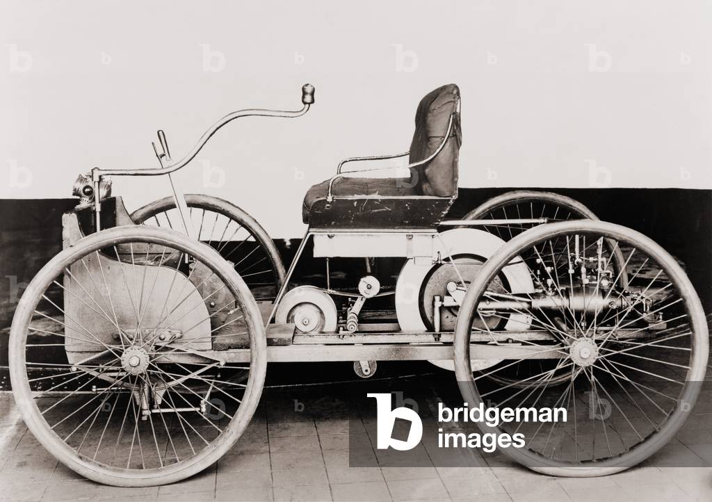 An 1896 Ford, a gasoline-powered motor car, which its maker, Henry Ford, called 'Quadricycle.'