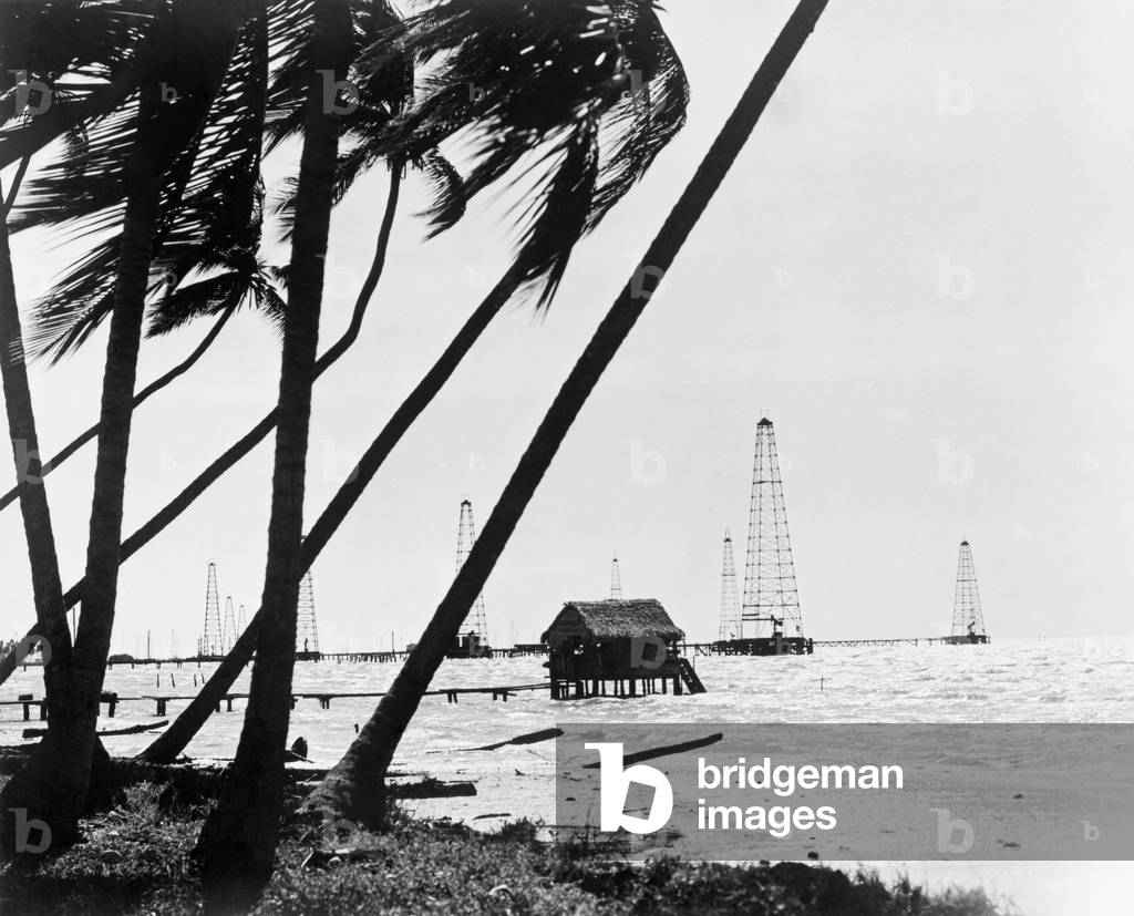 Oil derricks off the shore in Maracaibo Lake, Venezuela owned by Standard Oil Corporation of New Jersey. 1944