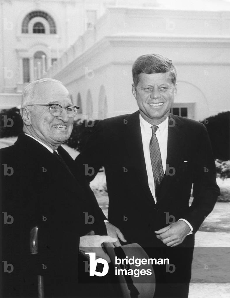 President John Kennedy and former President Harry Truman outside the White House. On the day following his inauguration, JFK met with Truman. Jan. 21, 1961.