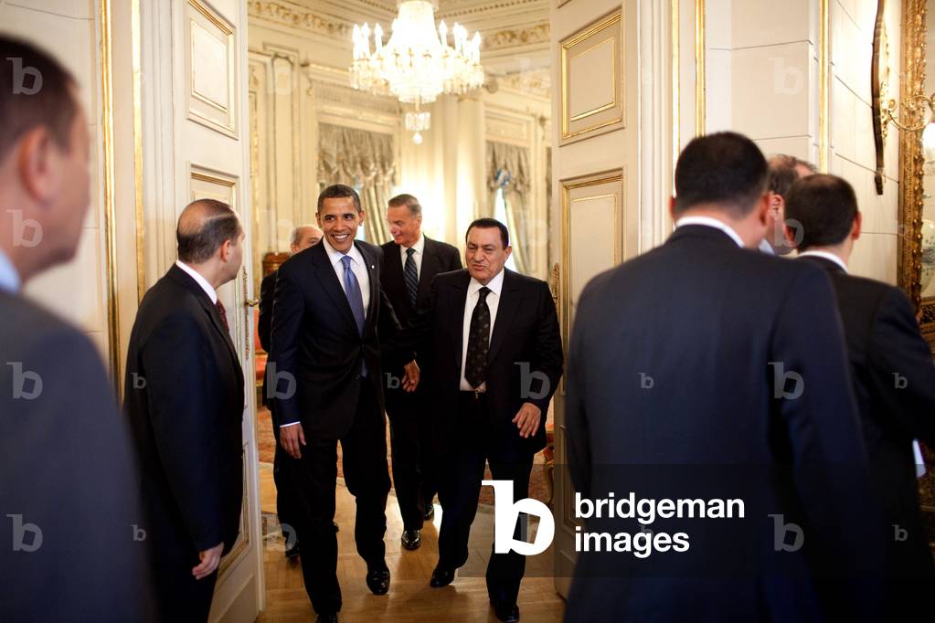 President Obama after a meeting with Egyptian President Hosni Mubarak in Cairo. In background is National Security Advisor Jim Jones. June 4 2009. (BSWH_2011_8_227)