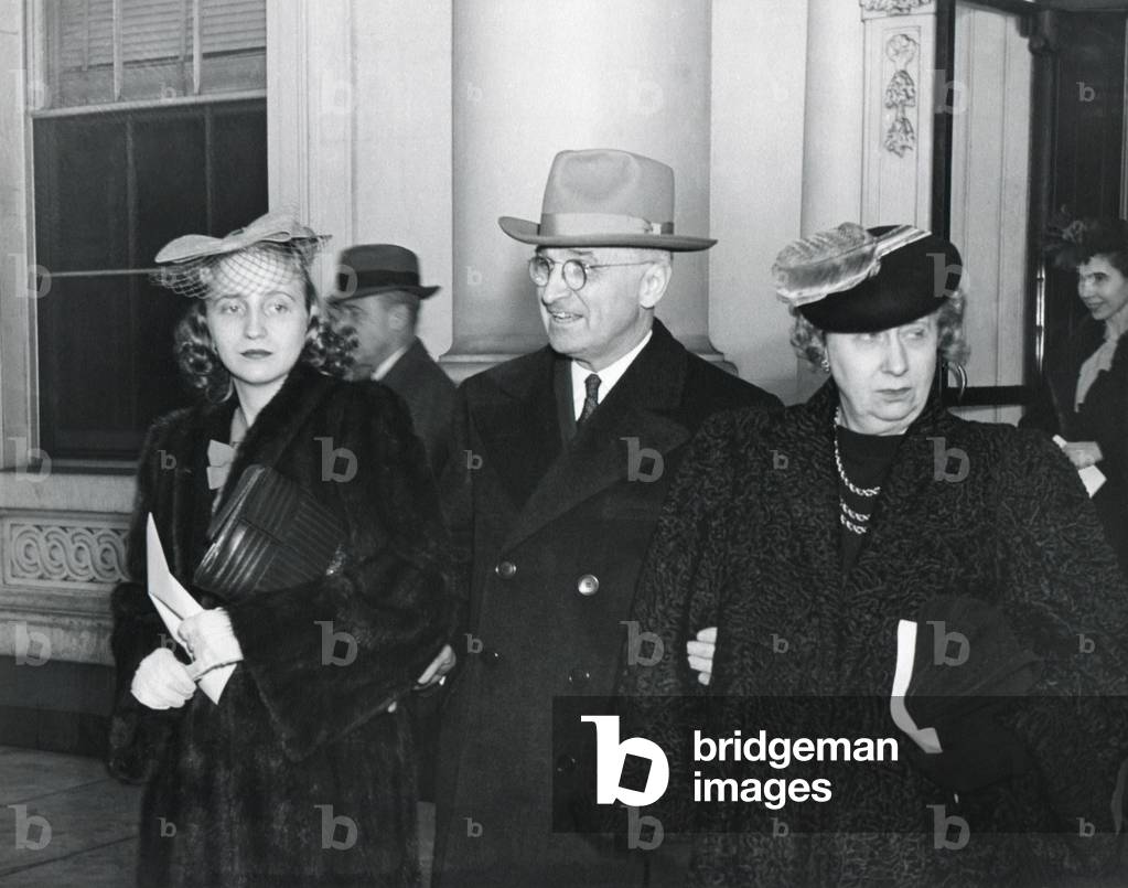 Vice President-elect Harry Truman arriving for President Franklin Roosevelt's 4th Inauguration. With him are his wife Bess and daughter Margaret. Jan. 20, 1945.