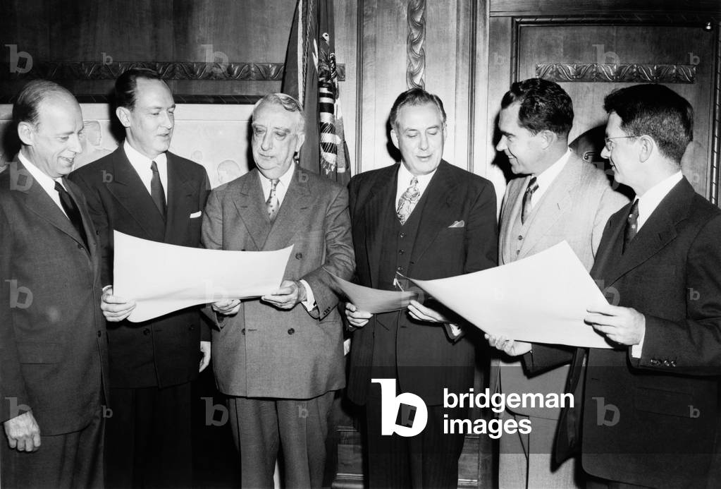 Herbert Brownell Attorney General from 1953-1957 with justice advisors. L to R Brownell William Rogers Fred Vinson Warren Burger VP Richard Nixon and J. Lee Rankin
