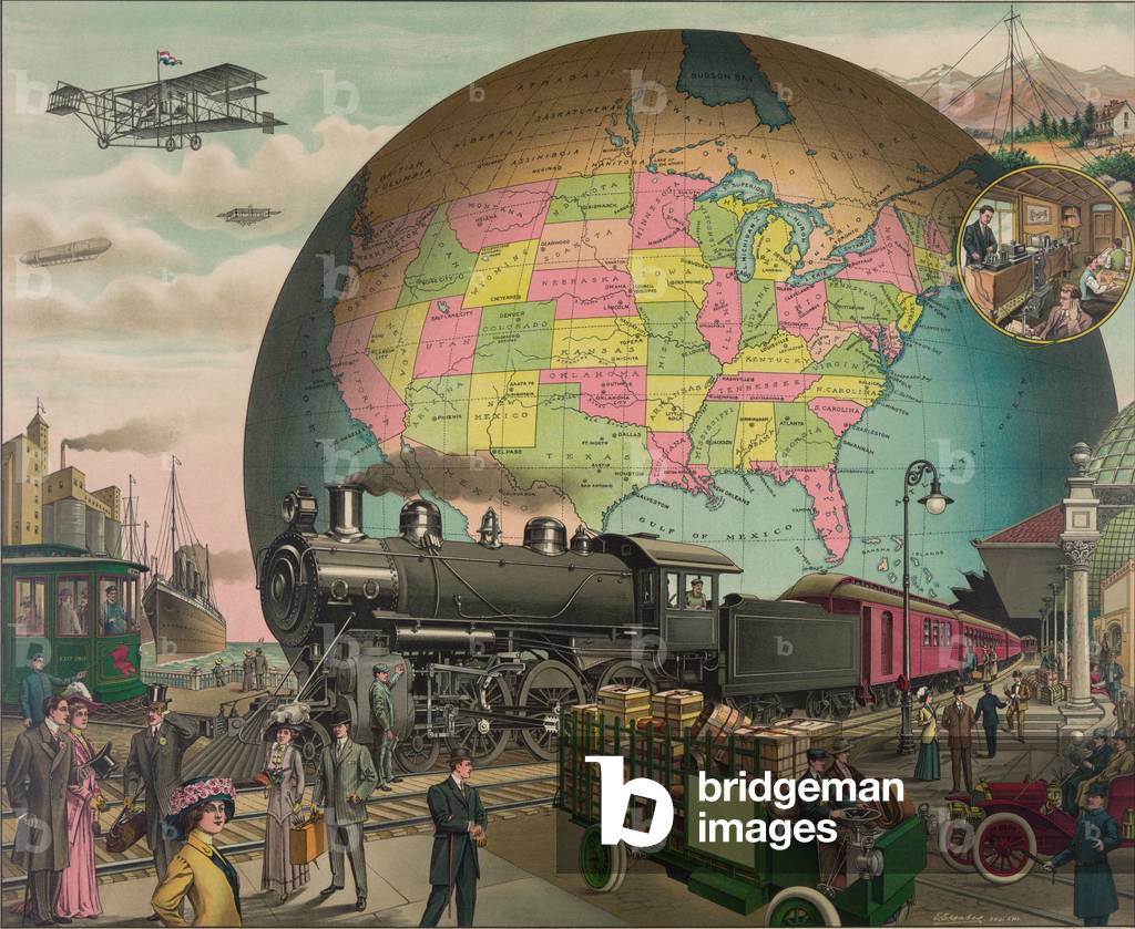 TWENTIETH CENTURY TRANSPORTATION. 1910 print illustrates the most advanced modes of transportation and communications with a map of the United States. LC-DIG-pga-01017