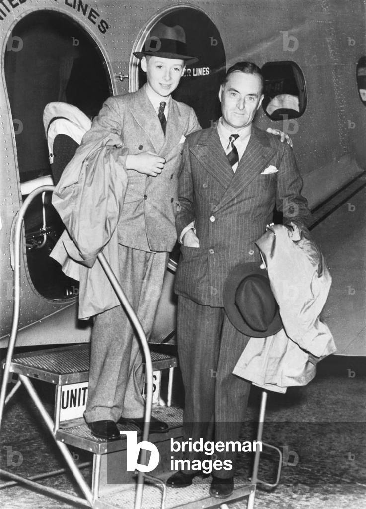 Sir Malcolm Campbell and his son Donald arrive in Salt Lake City. The elder Campbell set his final land speed record, 301.337 mph, in his 2,500-hp motor car Bluebird, on Utah's Bonneville Flats, Sept. 3, 1935. -