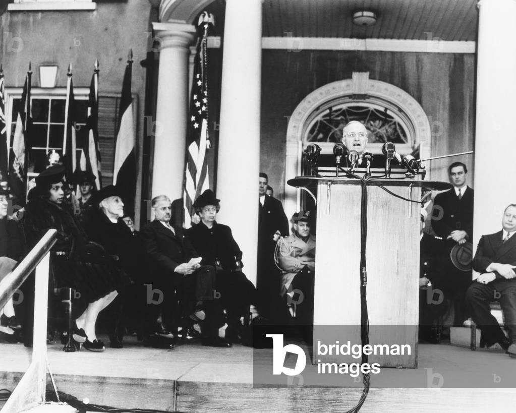 President Harry Truman dedicated the Roosevelt Memorial Library, April 12, 1946