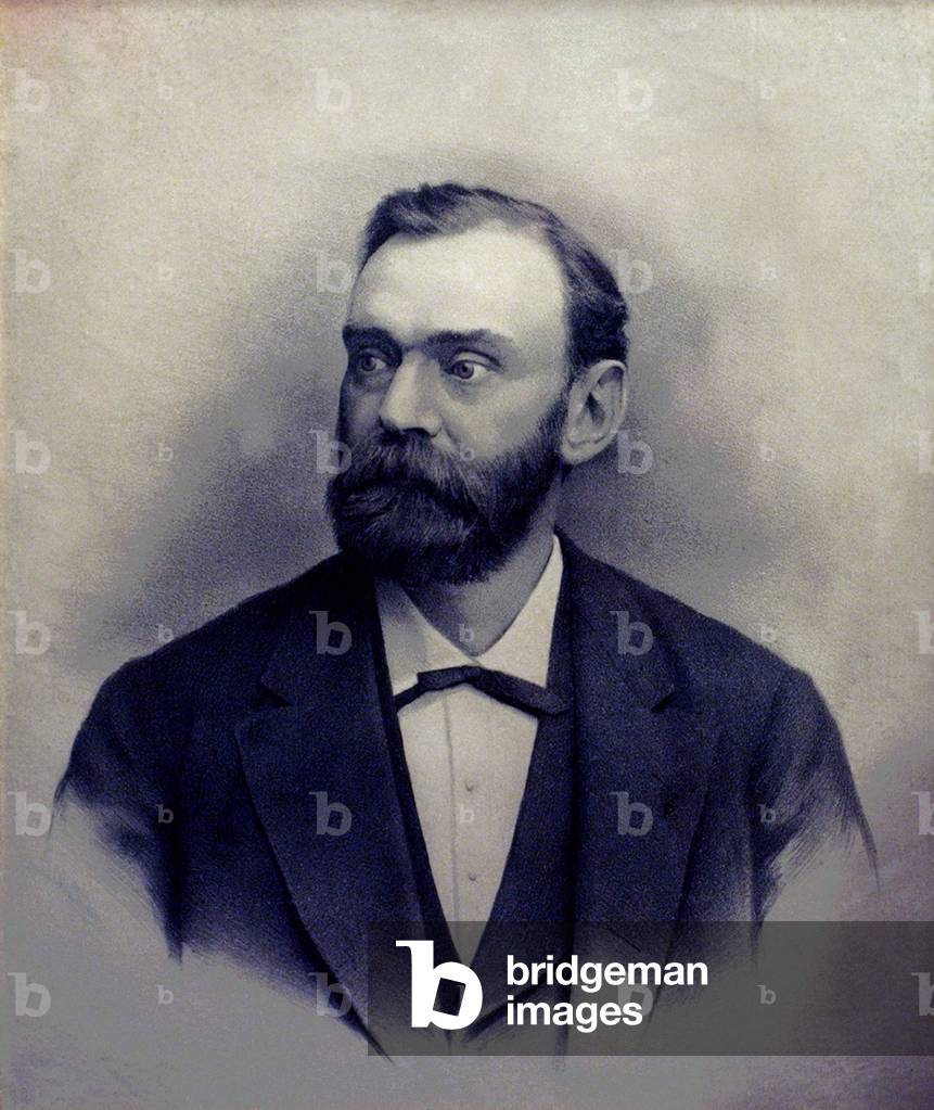 Alfred Berhard Nobel 1833-1896 Swedish chemist and engineer invented a detonator used with dynamite and nitroglycerin. From the fortune he made from his invention he established the fund for the Nobel Prizes. Portrait of 1885
