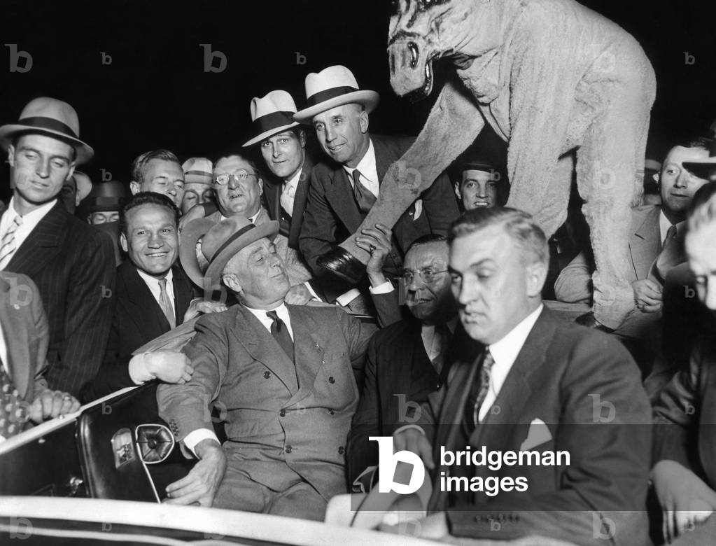 Presidential nominee Gov. Franklin Roosevelt campaigning with Chicago Governor Anton Cermak, Sept. 30, 1932