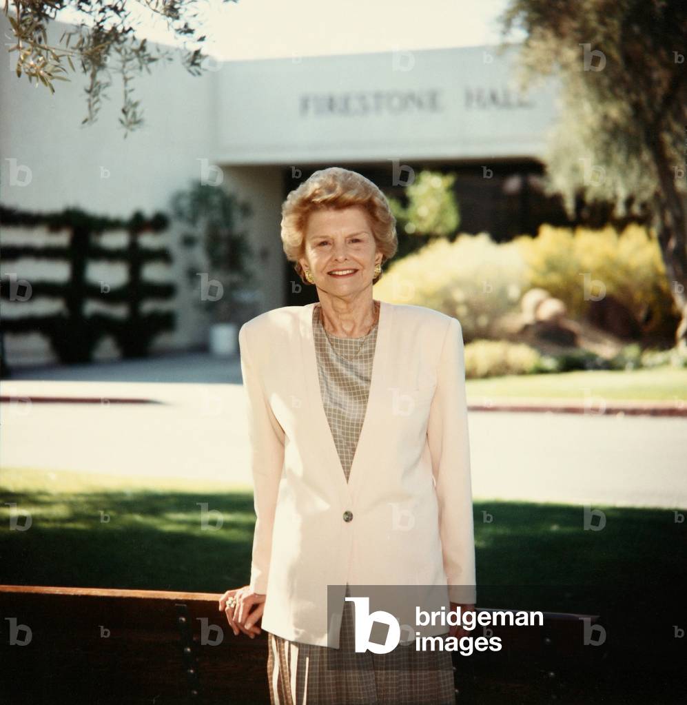 Former First Lady Betty Ford posing in front of the Betty Ford Center for treatment of dependency on drugs and alcohol. She was candid about her own successful battle against addiction. 1990 image courtesy of Betty Ford Center