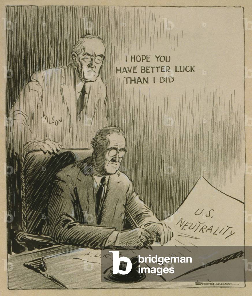 'Only a Generation Apart', 1935 cartoon, by Vaughn Shoemaker. As FDR signs the 1935 Neutrality Act, a vision of Woodrow Wilson says, 'I hope you have better luck than I did.'