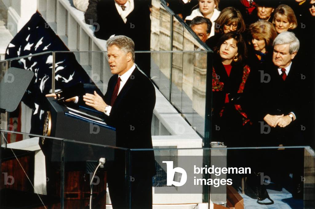 President Bill Clinton delivering his second inaugural address, Jan. 20, 1997. At right are House Majority Leader, Newt Gingrich and his second wife, Marianne Ginther