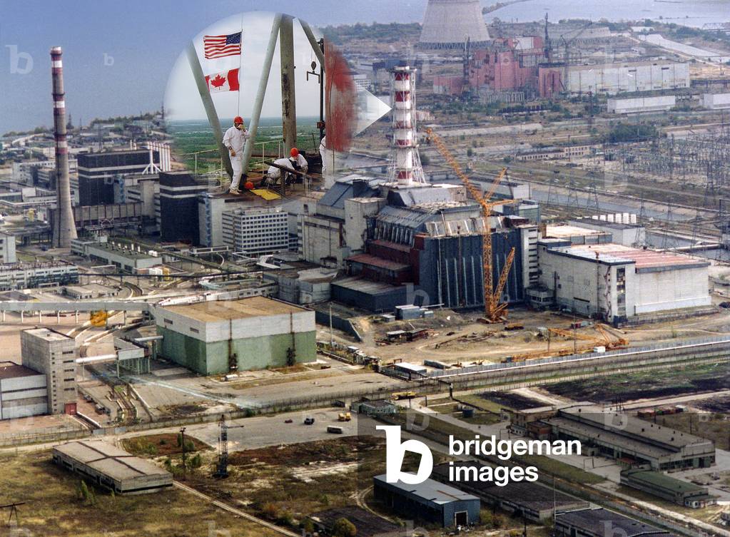 Chernobyl. The Cherobyl Nuclear Power complex in 1998, 12 years after the catastrophic meltdown. The inset detail shows Ukrainian workers replacing the bracing on the 210-foot ventilation stack between Units 3 and 4, which suffered serious structural damage during the 1986 accident