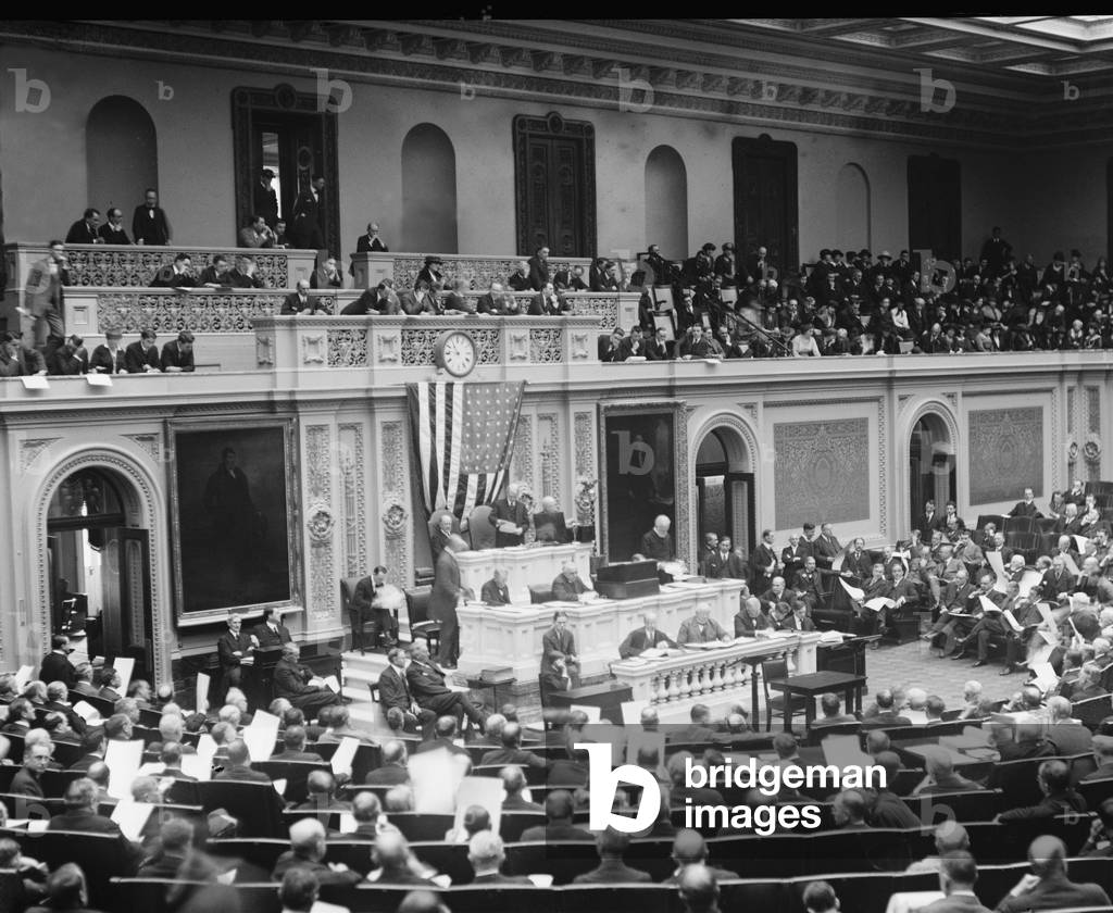 Counting the electoral vote on Feb. 9, 1921, which resulted in the election of President Warren Harding (1865-1923) and Vice President Calvin Coolidge (1872-33)