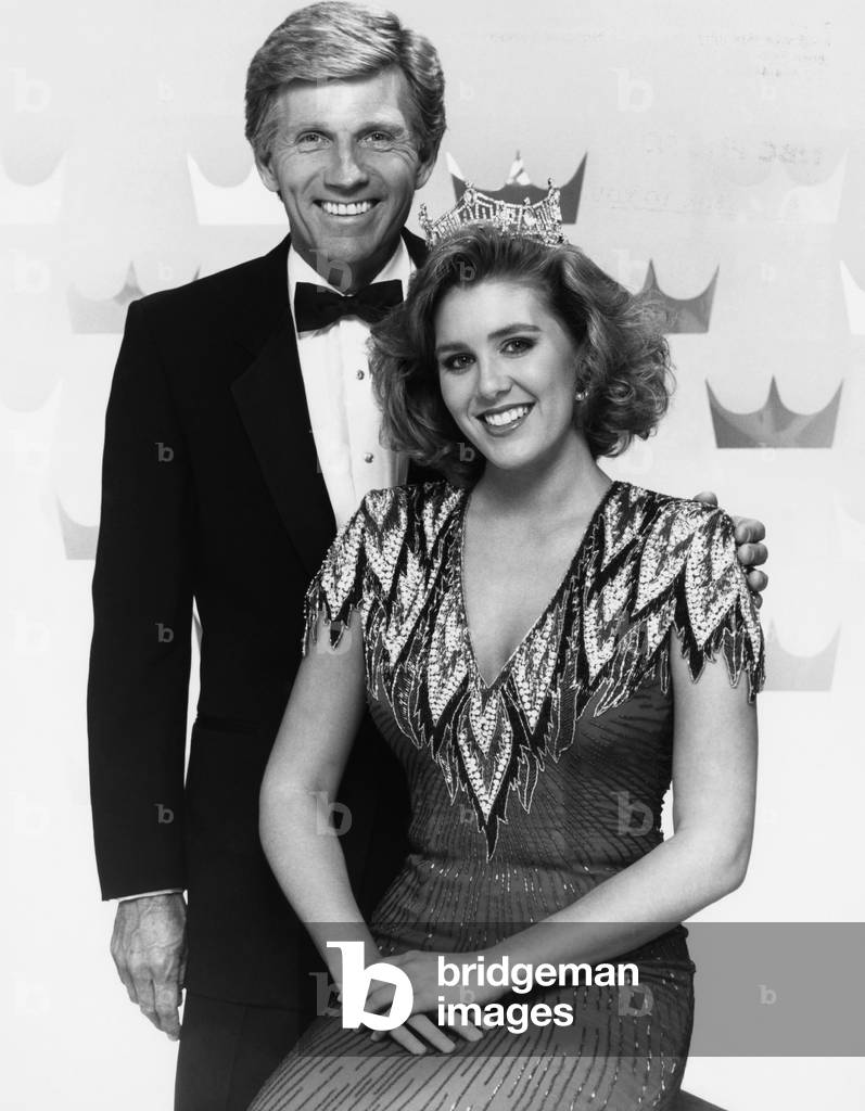 Miss Americ. Host Gary Collins, Miss America 1987 Kaye Rafko, promotional image for the Miss America Pageant, 1987