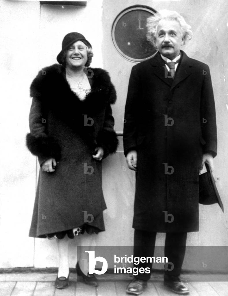 Elsa and Albert Einstein aboard the S.S. Bolgenland sailing from Antwerp to the U.S, 1930 (b/w photo)