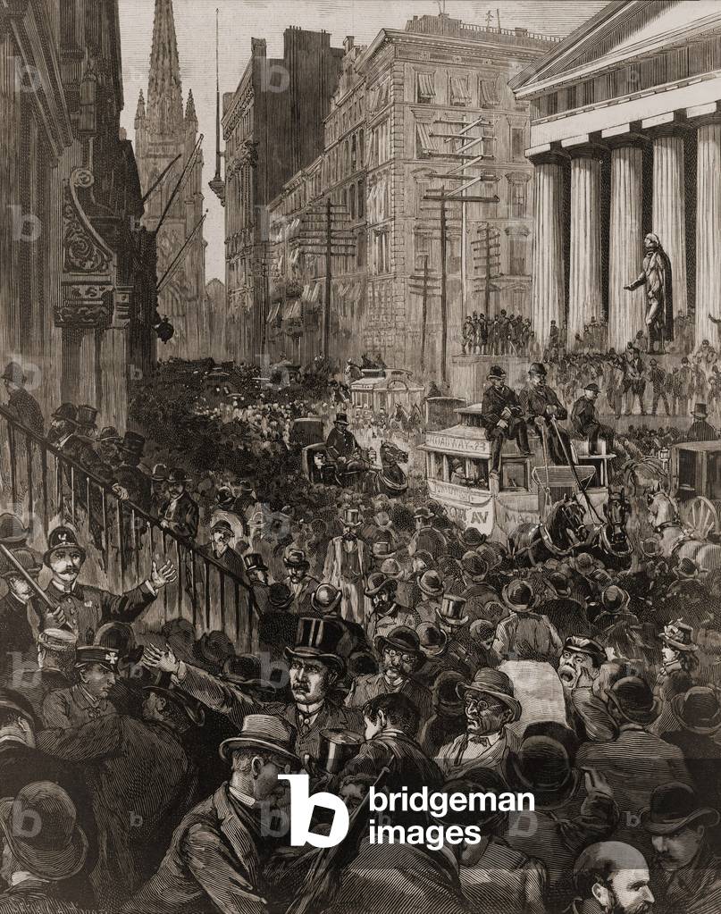 Chaotic scene on Wall Street, NYC on May 14, 1884. The Panic occurred during to a credit contraction by the largest New York banks. The Panic ended when the banks' not before bank failures in New York and Pittsburgh