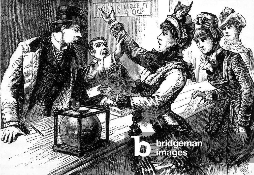 A bevy of strong-minded women make a sensation at a New York uptown voting place. Illustration in 