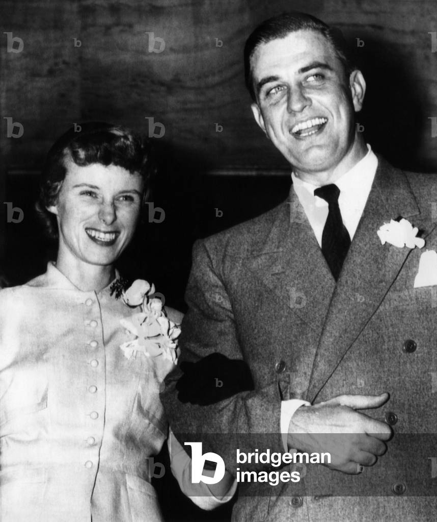FDR. Suzanne Perrin Roosevelt and Franklin Roosevelt, Jr. (son of US President Franklin Delano Roosevelt), at their wedding reception, New York City, 1949