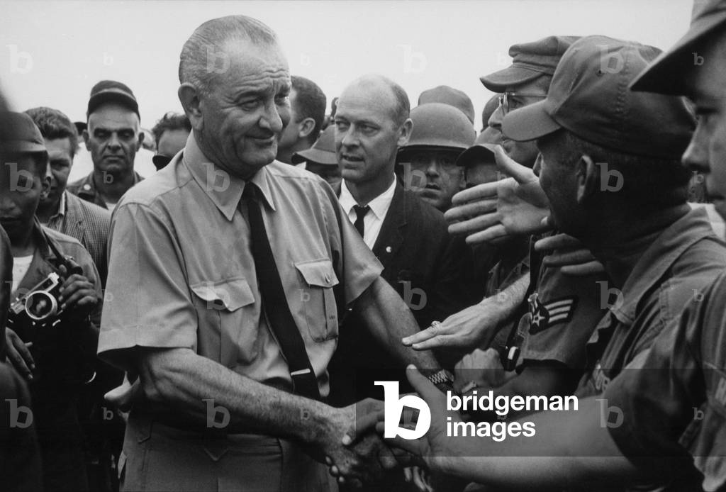 President Johnson in South Vietnam. LBJ visits US soldiers at Cam Ranh Bay, South Vietnam. Oct. 26, 1966