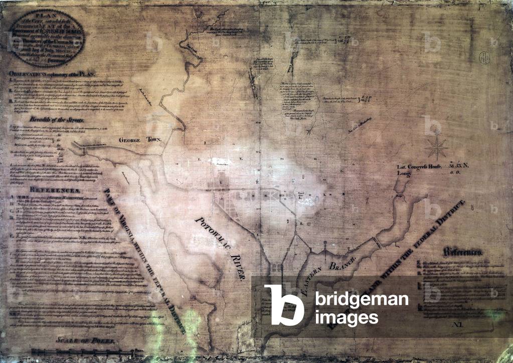 Original plan of the City of Washington D.C. as drawn by Pierre-Charles L'Enfant in 1791, who planned for a future city of 800,000 inhabitants