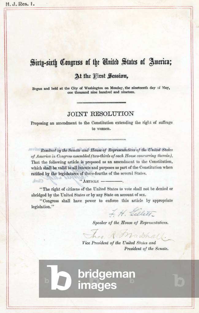 19th Amendment to the U.S. Constitution: Women's Right to Vote. Passed by Congress June 4, 1919, and ratified on August 18, 1920, the 19th amendment granted women the right to vote