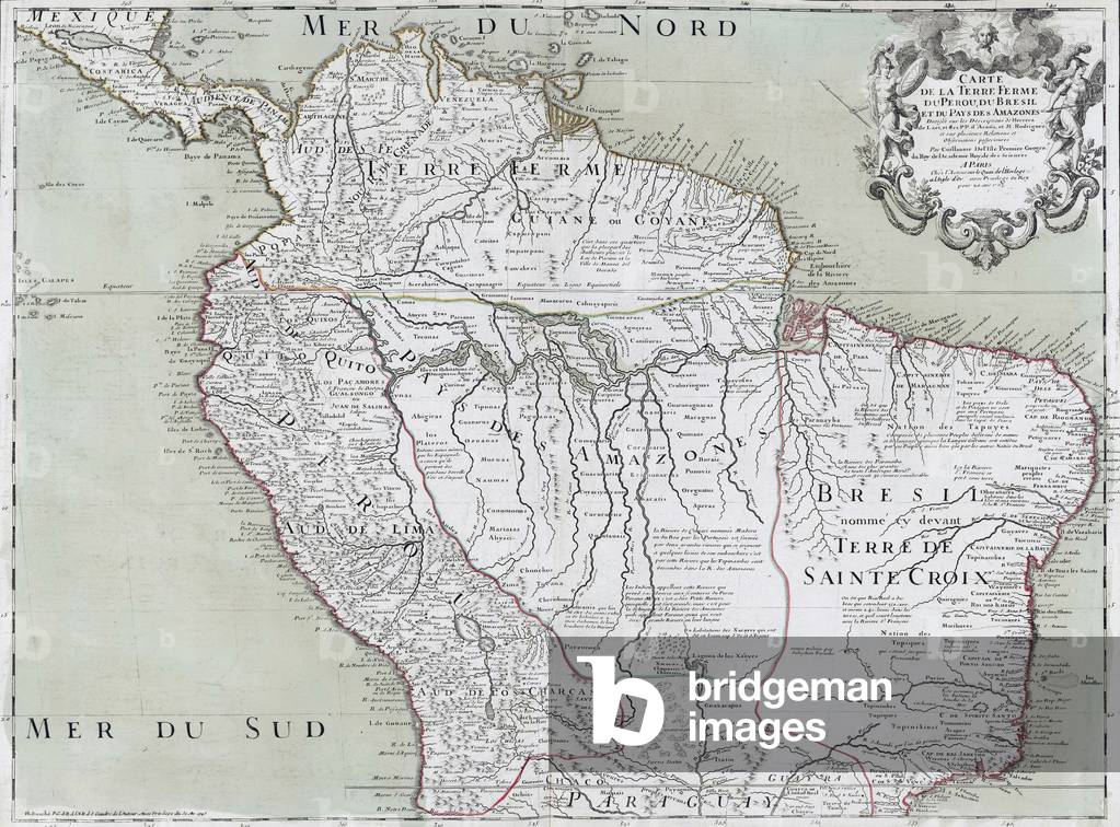 1745 map of northern South American continent, showing colonial place names for Brazil, Paraguay, Peru, Panama, Venezuela that would be nations following independence from Spain and Portugal