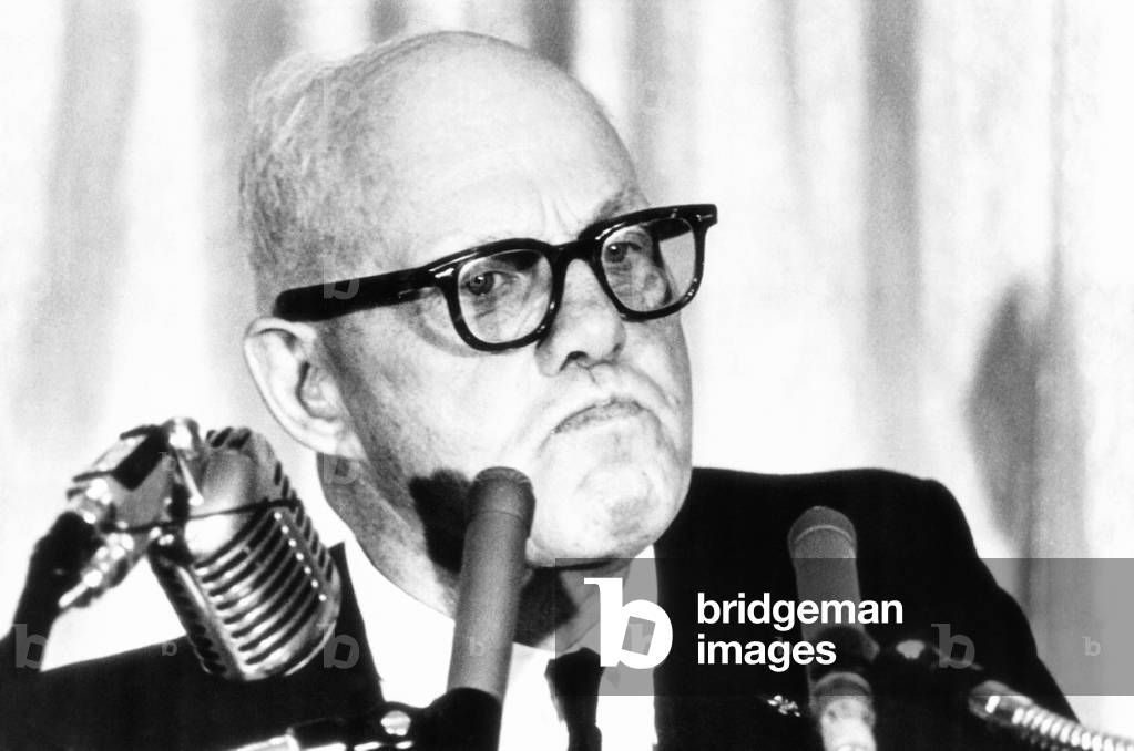 AFL-CIO President George Meany hope of gaining 25-30% hourly pay hikes. March 15, 1966. Meany urged the Union to ignore the 3.2% guideposts for wage increases set by the government in their bargaining with General Electric and Westinghouse Electric Corporation