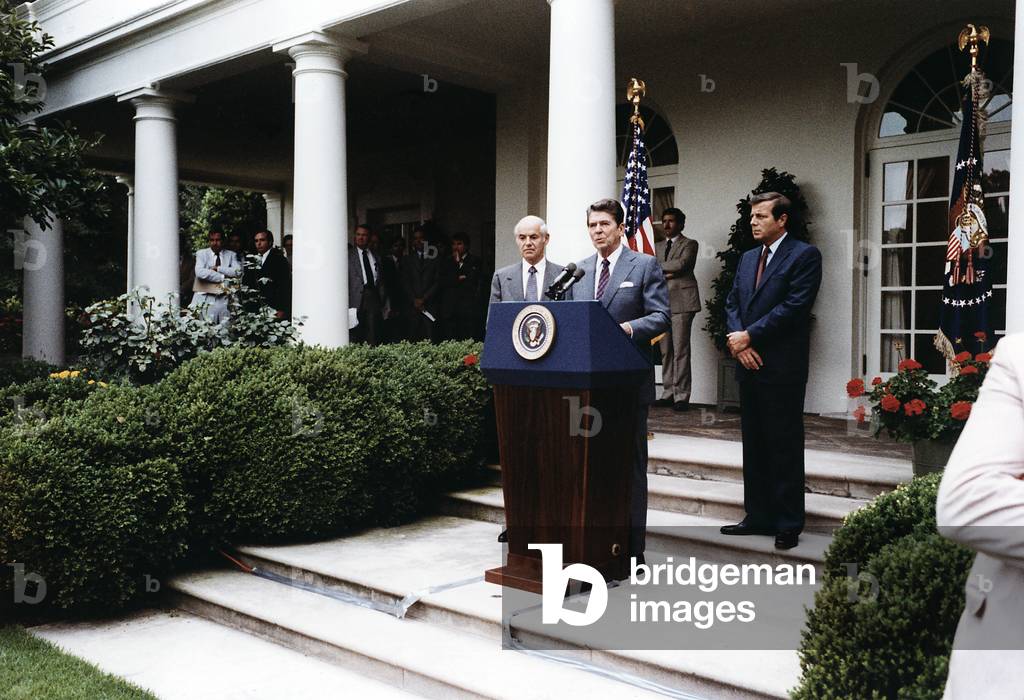 Ronald Reagan. President Reagan making remarks on Air Traffic Controllers Strike. The Rose Garden of the White House, Washington, D.C. August, 1981
