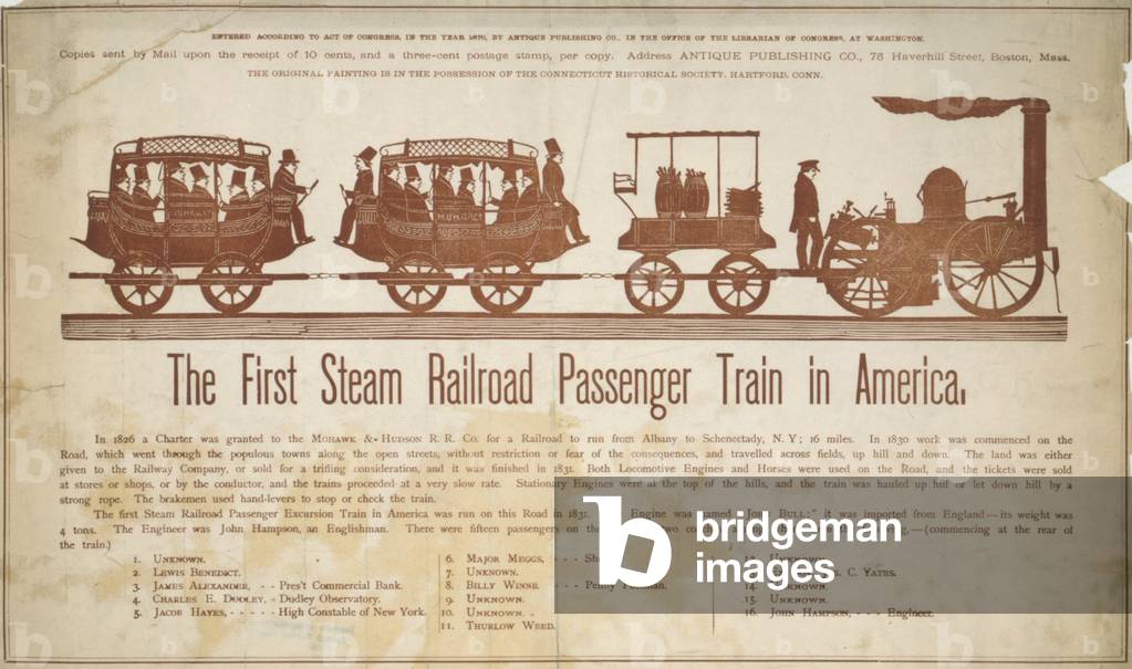The first steam railroad passenger train in America . The Mohawk & Hudson Rail Road showing a steam engine with car for fuel followed by two passenger cars styled after the stagecoach. 1830s