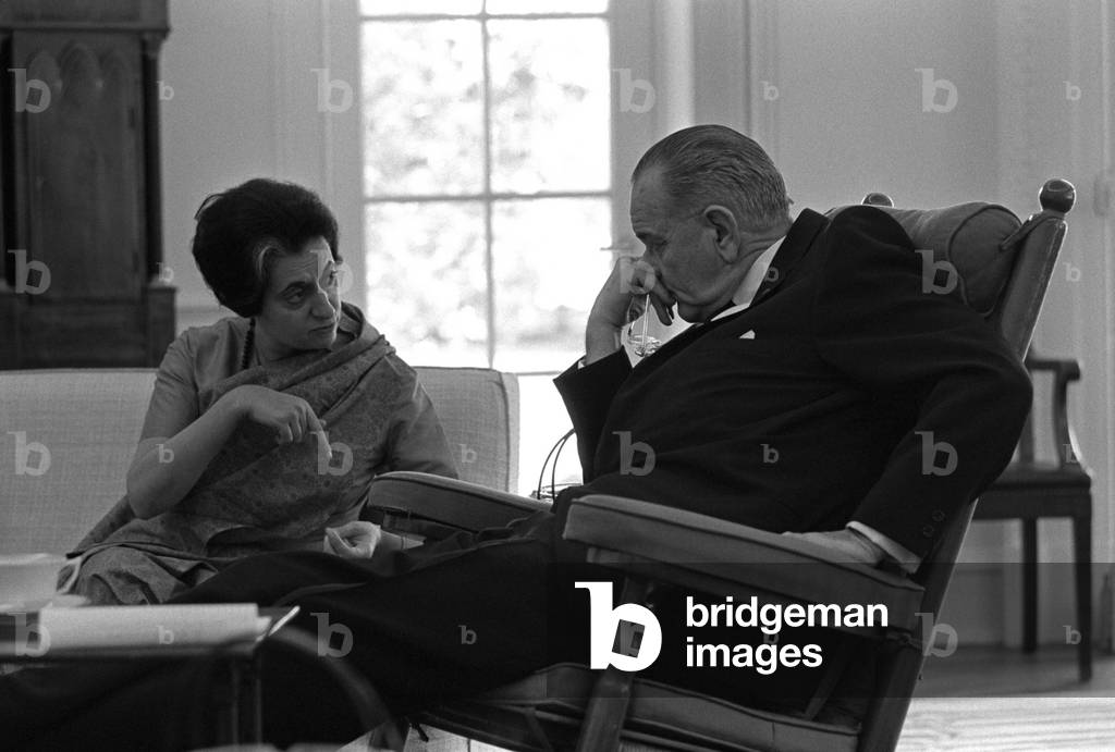 President Lyndon Johnson meeting with Indian Prime Minister, Indira Gandhi. Gandhi, the daughter of Jawaharlal Nehru, became PM on two months earlier. March 28, 1966