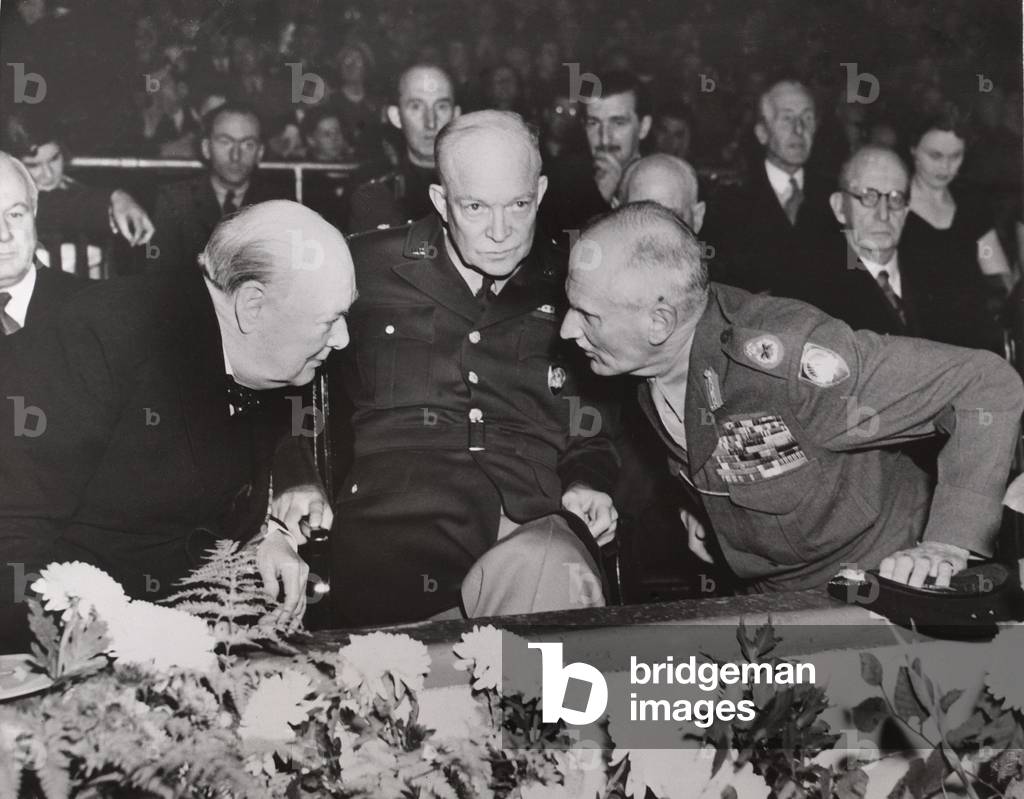 Winston Churchill, General Dwight D. Eisenhower, Field Marshall Viscount Montgomery (right) at the annual reunion of the British 8th Army Desert Rats, Empress Hall, London. October 20, 1951