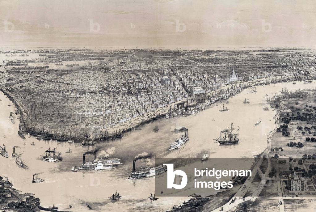 Birds' eye view of New-Orleans in 1851, with dense riverboat traffic on the Mississippi River