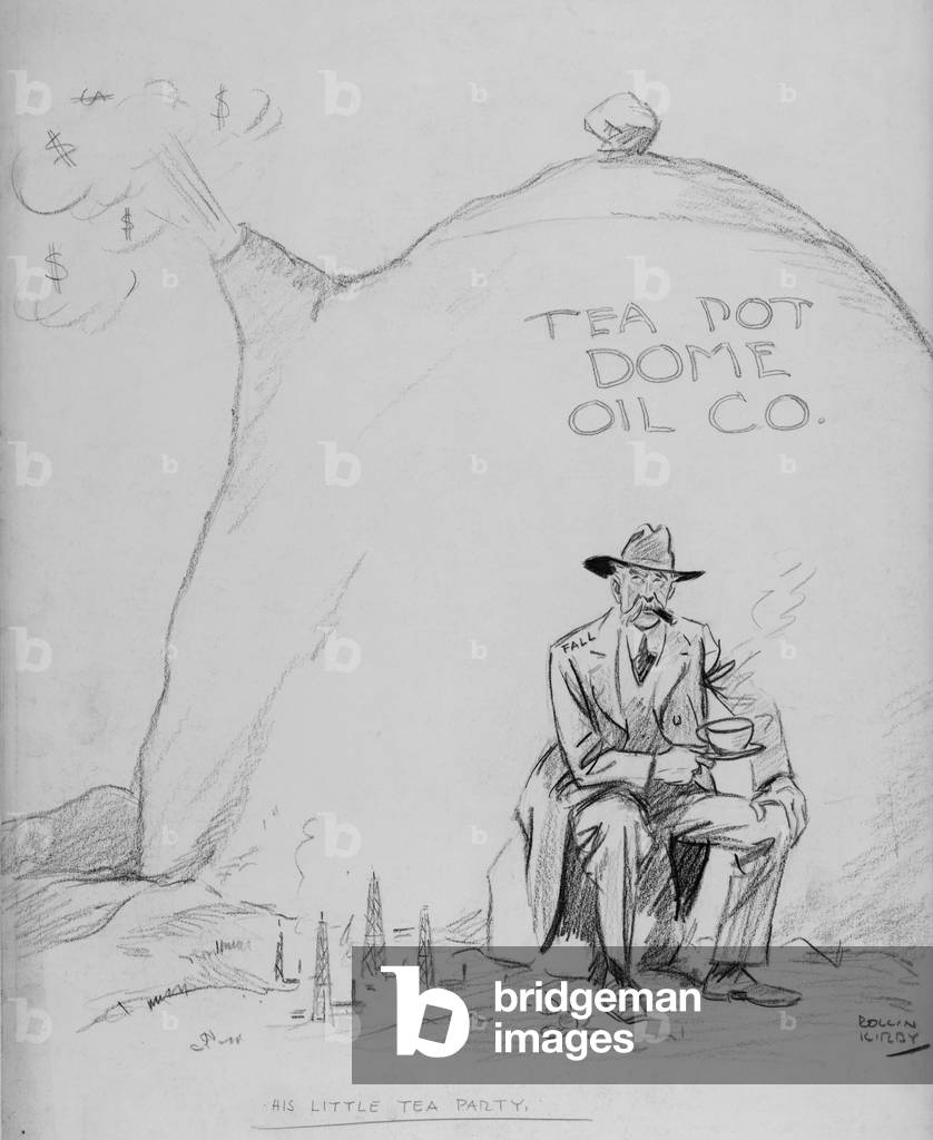 Cartoon of Secretary of the Interior Albert Fall (1861-1944), sitting on a rock in the desert, surrounded by tiny oil wells, holding a teacup. During the Teapot Dome scandal, Fall was convicted receiving bribes from leasers of government owned oil reserves
