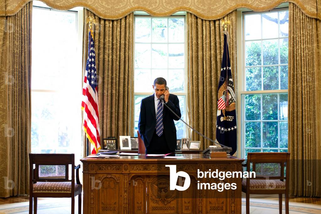 President Barack Obama talks with President-elect Jacob Zuma of South Africa from the Oval Office. May 8 2009.,