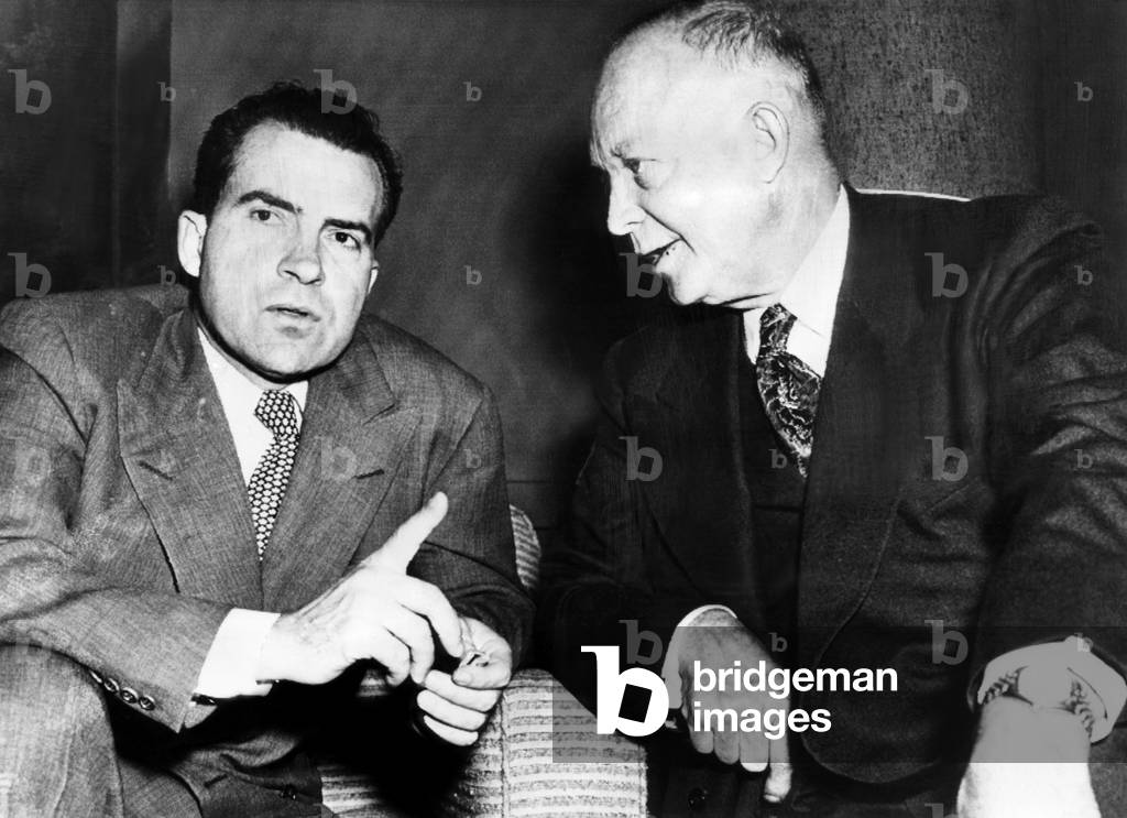 Future U.S. President Richard Nixon (then running for Vice President), and future President Dwight D. Eisenhower, going over a speech for Eisenhower's Presidential campaign, November 3, 1952