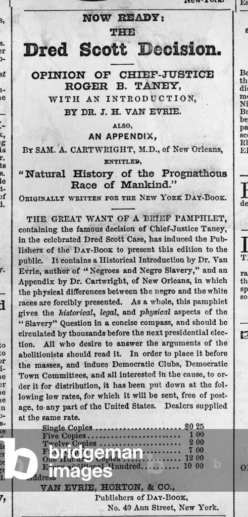 Advertisement for pamphlet of the Supreme Court's Dred Scott decision. 1857