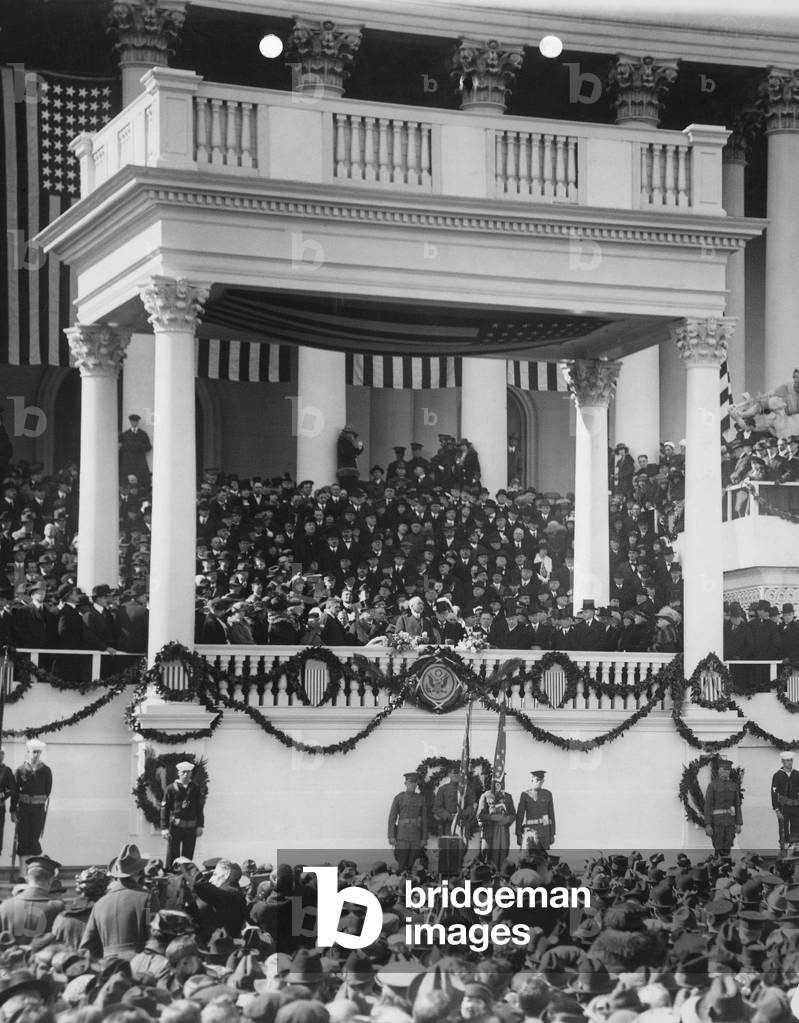 President Warren Harding delivering his inaugural address on March 4, 1921. East Portico of U.S. Capitol, Washington, D.C