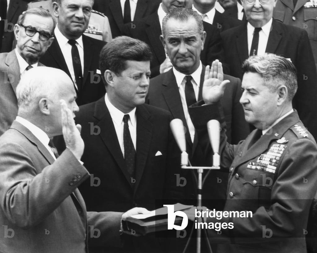 General Curtis LeMay (right) is sworn in as Air Force Chief of Staff, 30th June 1961 (b/w photo)