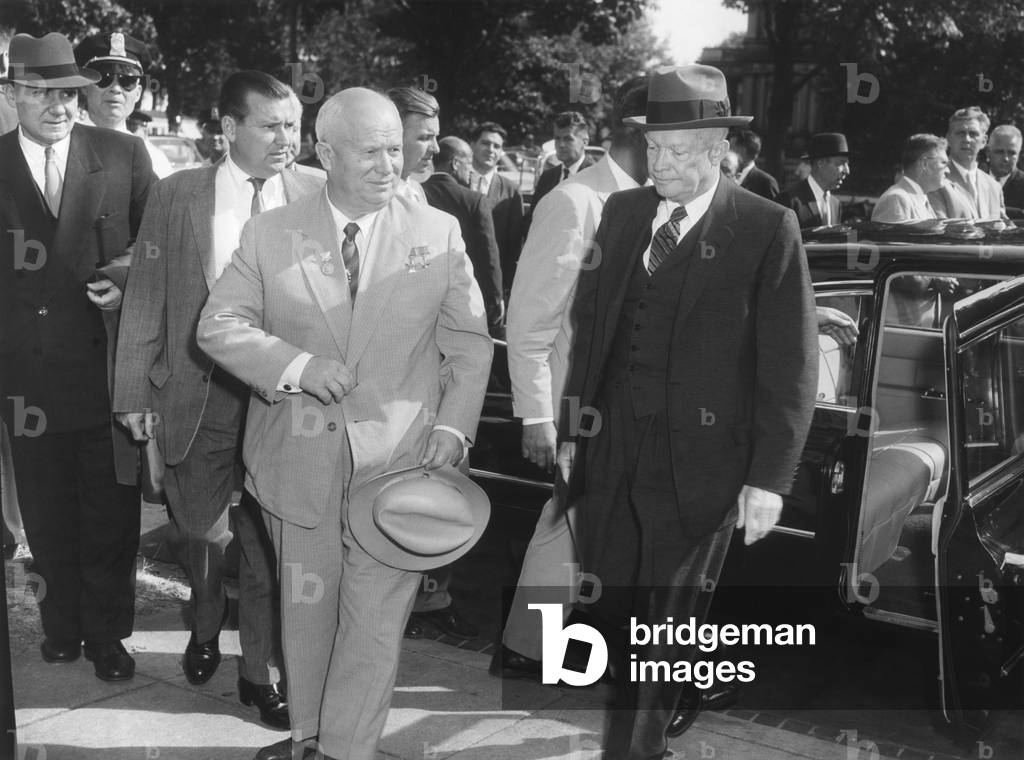 Premier Khrushchev and President Eisenhower on the last day of his American visit. At far left is Andrei Gromyko, Foreign Minister of USSR. Sept. 27, 1959.
