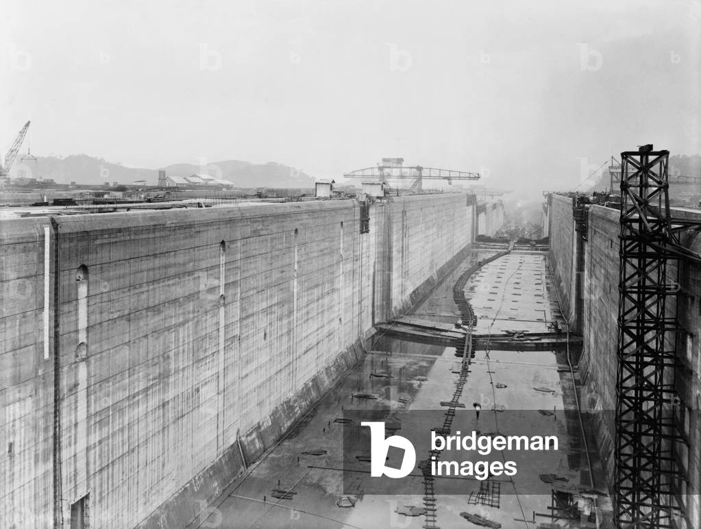 Panama Canal construction showing massive locks before the gates were installed. c. 1912