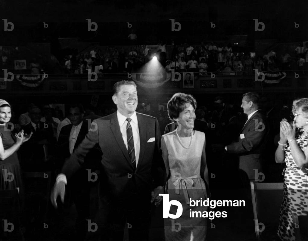 Ronald Reagan, Nancy Reagan arrive at the California state Republican convention where he was nominated for governor, 8/6/66