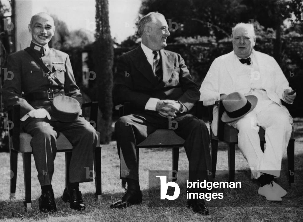 World War II. From left: Chinese Generalissimo Chiang Kai-shek, US President Franklin Delano Roosevelt and British Prime Minister Winston Churchill at the First Cairo Conference (codenamed SEXTANT), Cairo, Egypt, November 1943
