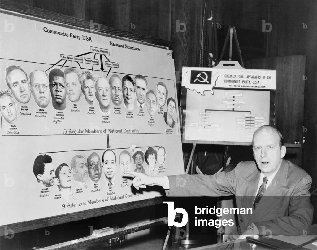 Herbert Brownell pointing to charts he used in a nationwide radio and TV speech. The charts document U.S. Government prosecutions and convictions of Communists. Most convictions were based on a controversial interpretation of the 1940 Smith Act. 1954