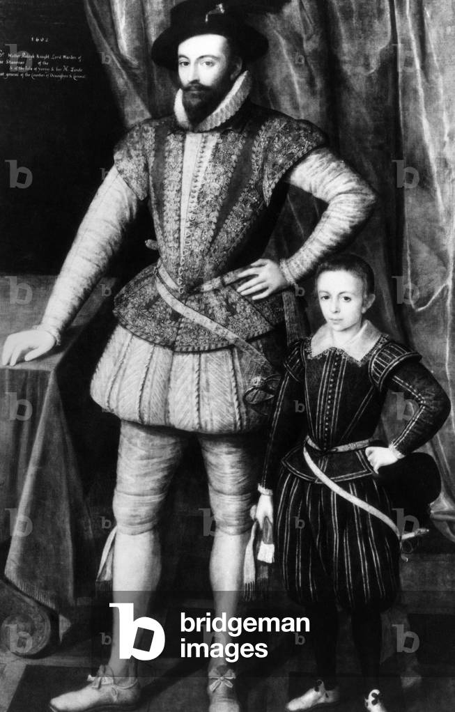 English explorer and writer Sir Walter Raleigh, with his eldest son Walter, 1602.