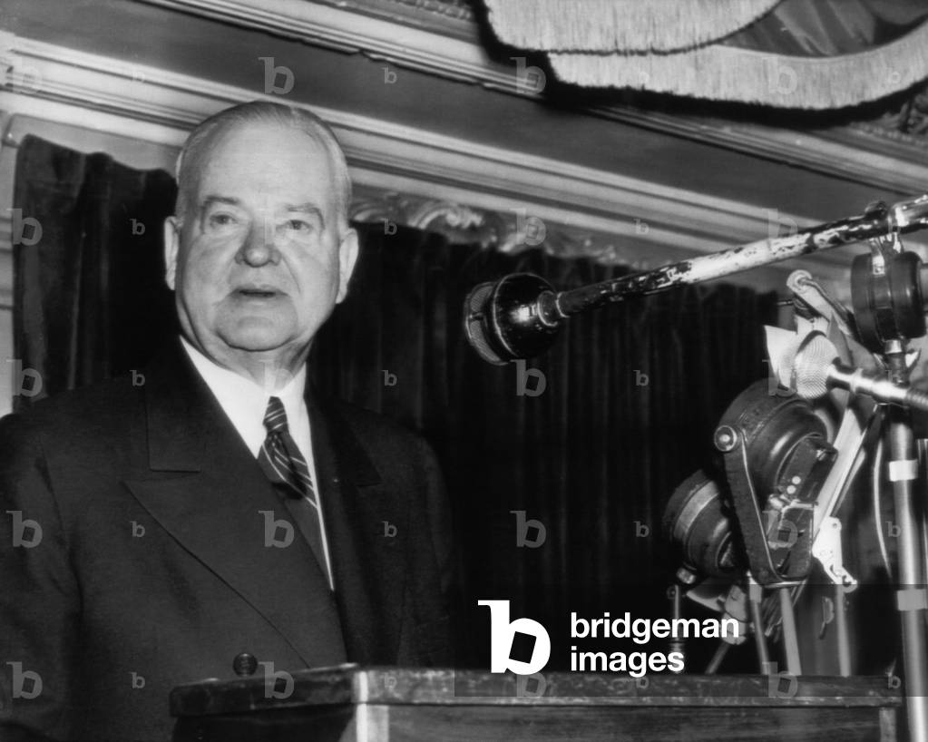 Former President Herbert Hoover (1874-1964), U.S. President 1929-1933, for a nationwide broadcast about the world food situation, Chicago Illinois, May 18, 1946