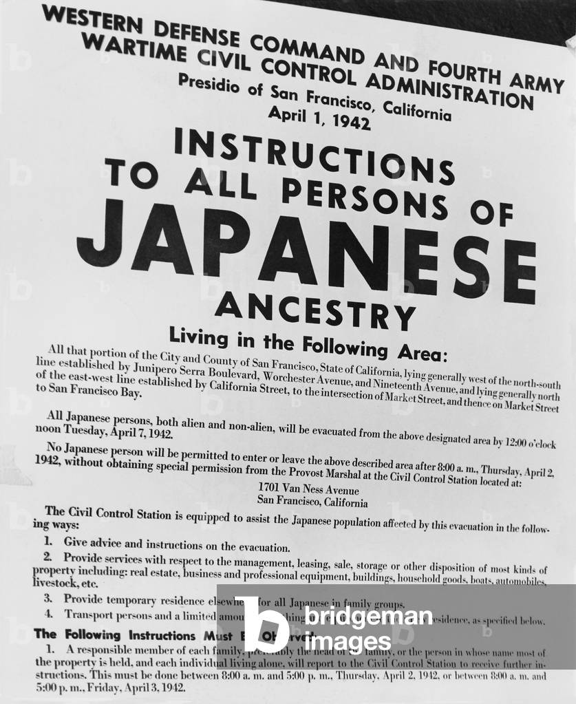 Japanese Internment. Exclusion order posted at First and Front Streets in San Francisco directing removal of persons of Japanese ancestry. c. Feb-April 1942